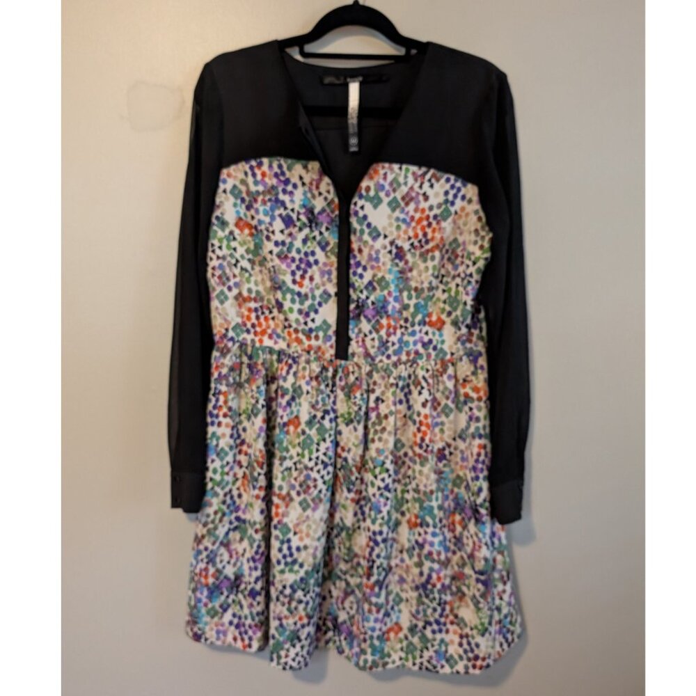 Kensie Black Multi-Colored Dress Sheer Long Sleeves A Line Size XL